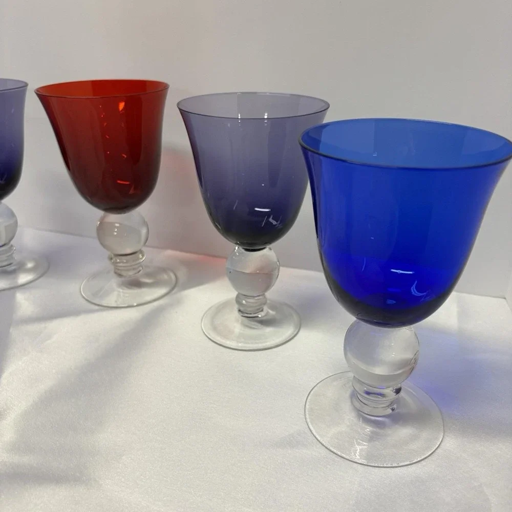 Vintage Clear Ball Stem Hand Blown Glass/Goblet - various colors set‎ of 5